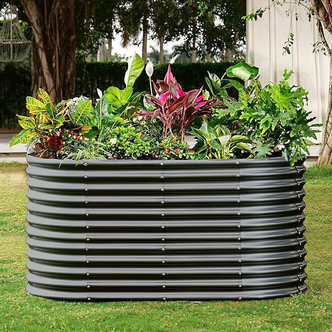 Land Guard 8x4x3ft Oval Galvanized Raised Garden Beds, Large-Capacity Metal Planter Box Outdoor, Durable Deep Raised Garden Bed 3ft Tall, Raised Beds for Gardening Vegetables, Dark Grey-Ruum Studio Home