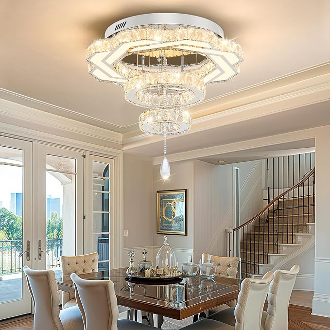 Flashing God Modern Crystal Chandeliers Dia 24" Silver Chandelier Flush Mount Ceiling Light for Bedroom Living Room Dining Room Hallway Dimmable 3 Rings LED Celing Lighting Fixtures-Ruum Studio Home