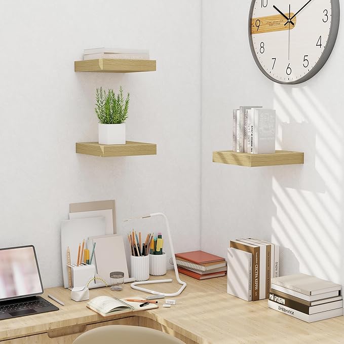 Fun Memories Floating Shelves for Wall - 10" x 10" Wood Shelf with Invisible Bracket - Deep Floating Shelves - 10 Inch Shelf Wall-Mounted for Living Room & Bathroom - Oak - Set of 2-Ruum Studio Home