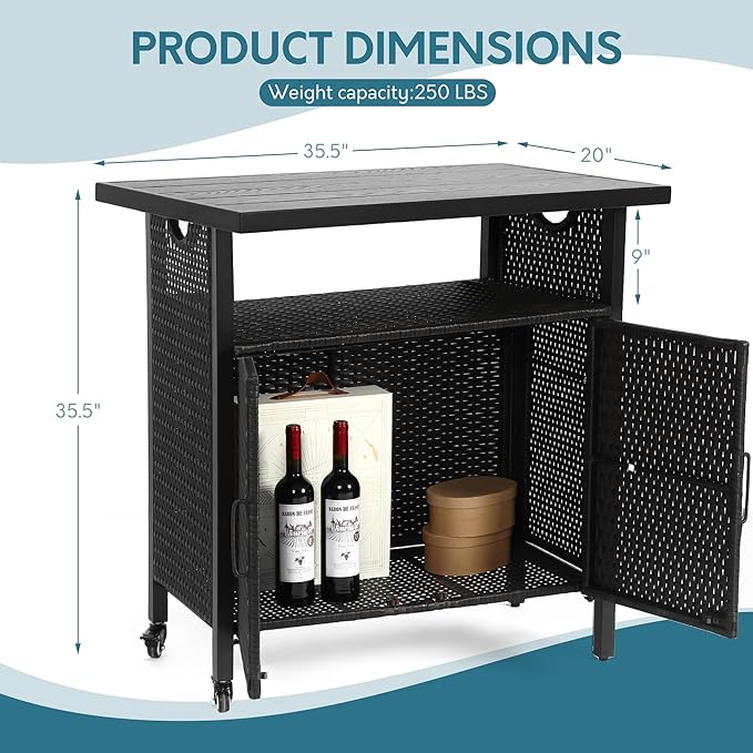 Outdoor Indoor Storage Cabinet with Rolling Wheels, Patio Serving Cart with Bar Table and Wicker Cabinet, Kitchen Island Prep Table, Black-Ruum Studio Home
