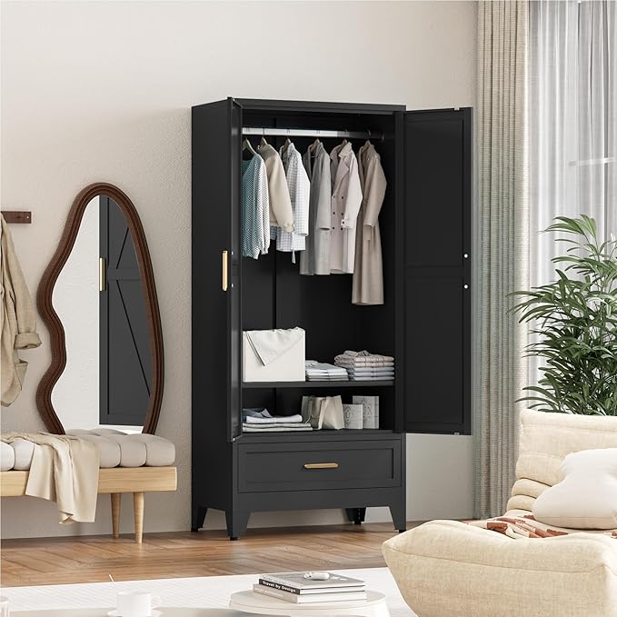71'' Black Farmhouse Metal Wardrobe Cabinet with Hanging Rod, 2 Barn Door Wardrobe Closet with Adjustable Shelves,Drawer,for Dining Room,Bedroom,Living Room, Cloak Room,Office-Ruum Studio Home