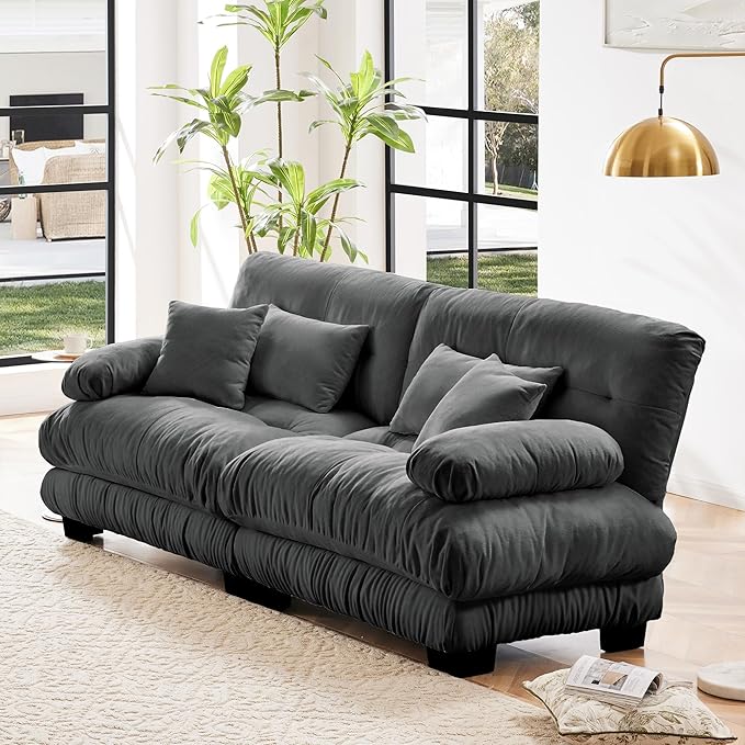 Loveseat Modular Sectional Sofa, Cloud Couch 2 Seater Sectional Couch Home Sofa Living Room Oversized Couch, Modern Deep Seat Couch with Chaise with Round Bolster Armrests 4 Pillows(Gray)-Ruum Studio Home