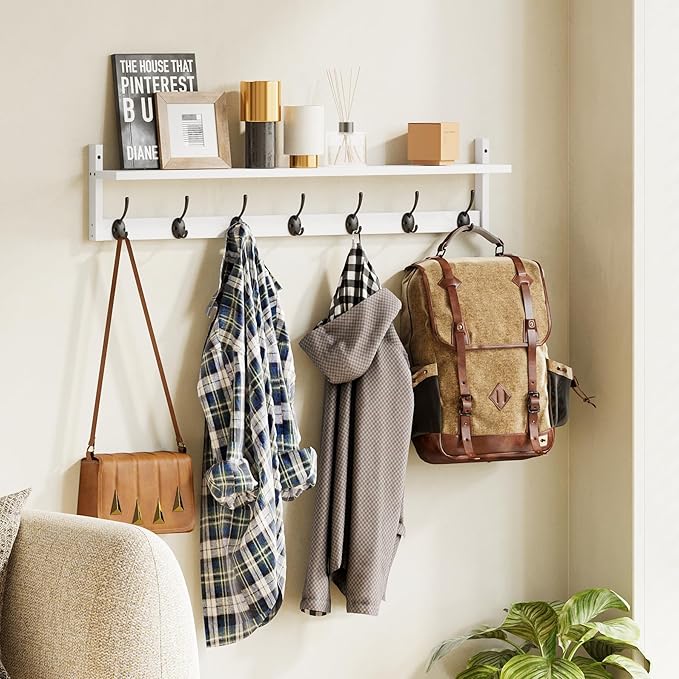 BAMEOS 35" L Wall Hooks with Shelf, Entryway Coat Hooks for Wall with Shelf, Wood Wall Hanging Shelf, Wall-Mounted Coat Rack with 7 Dual Metal Hooks for Bathroom, Kitchen, Living Room, Bedroom (White)-Ruum Studio Home