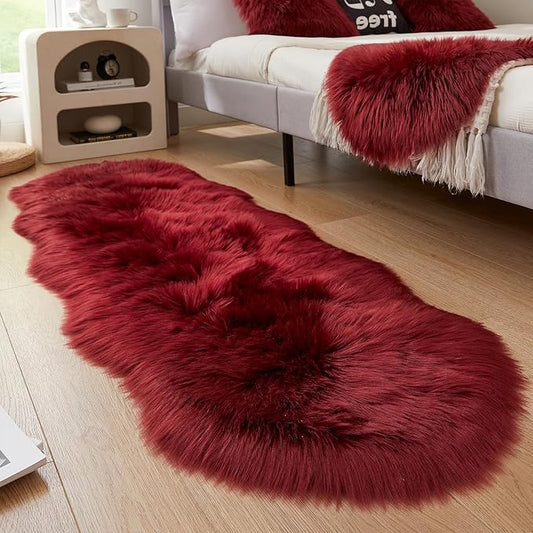 AMTOVO Faux Sheepskin Rug, Burgundy Ultra Soft Fluffy Shag Area Rug, 2 x 6 ft Faux Fur Rug for Bedroom Sofa Throw Cushion Room Decor, Sheepskin-Ruum Studio Home