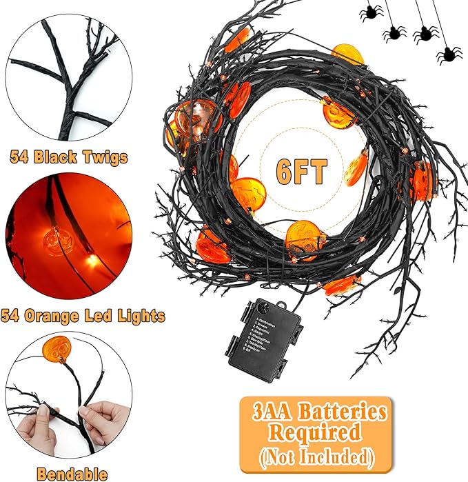 [ 8 Modes & Timer ] Halloween Willow Vine Twig Decor Garland with Pumpkins, 6 FT 54 LED Battery Operated for Indoor Halloween Decorations Home Mantle Fireplace-Ruum Studio Home