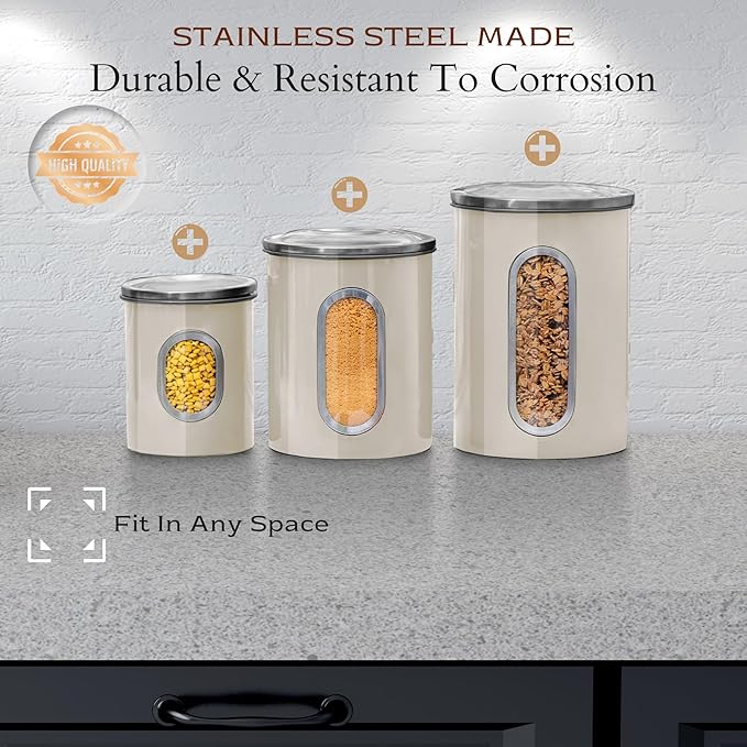 Moss & Stone 3-Piece Beige Canisters Sets For The Kitchen, Airtight Canister Set With See Through Window, Storage Jars for Coffee Container, Tea Organizer & Sugar Canister, Beige Kitchen Canisters-Ruum Studio Home