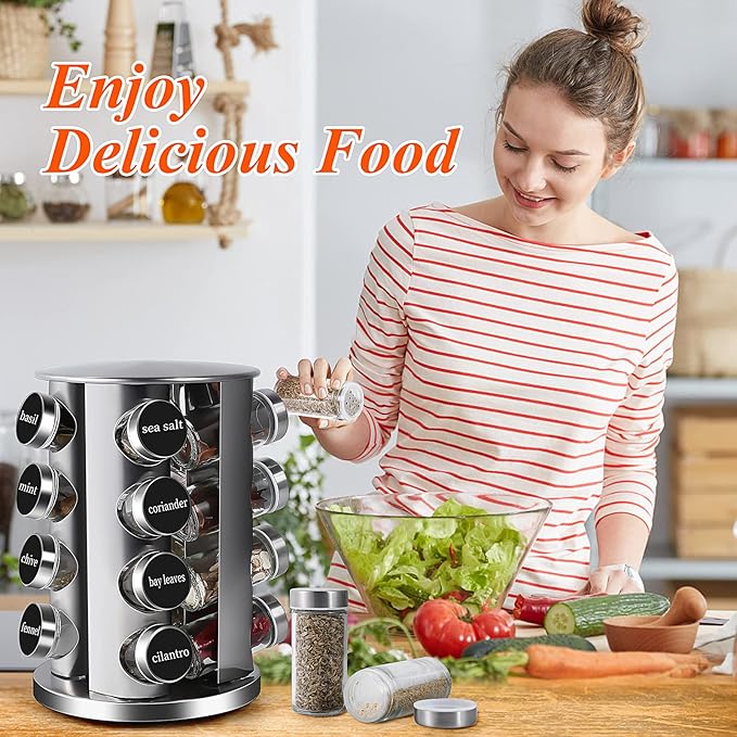 DOUBLE 2 C Revolving Countertop Spice Rack Stainless Steel Seasoning Storage Organization,Spice Carousel Tower for Kitchen Set of 16 Jars (16Jars)-Ruum Studio Home