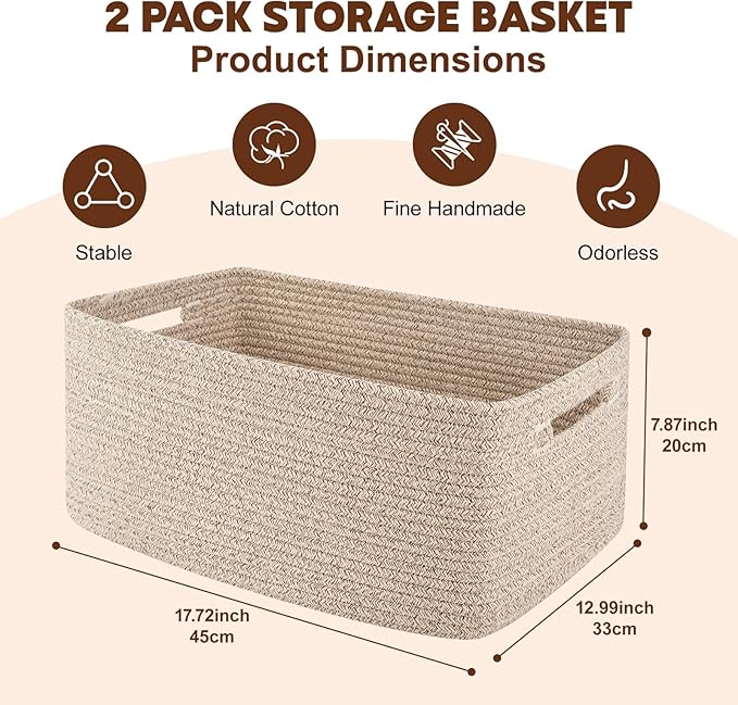 OIAHOMY Storage Basket for Shelves, Closet Cube Storage Bins Baskets for Clothes Blanket Towels, Baby Nursery, Toy Baskets Box, Woven Rope Basket, 17.72*12.99*7.87 IN, 2 Packs Brown-Ruum Studio Home
