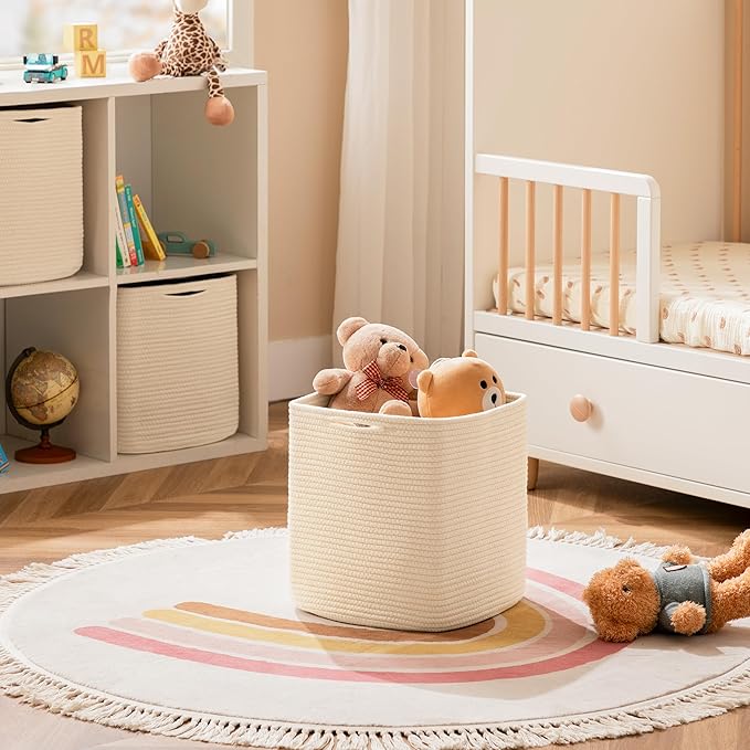 joybest Cube Storage Bins Set of 4, 11inch Cube Baskets Organizer for Nursery, Square Cotton Rope Baskets for Shelves Organizing, Kids Toy, Closet Storage, Beige-Ruum Studio Home
