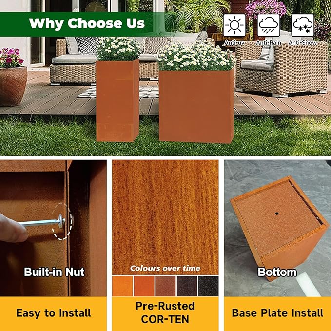 Corten Steel Metallic Heavy Planter for Outdoor Plants 14"x14"x30" Metal Planter Spliced Flower Pot with Partitions for Outside,Indoor,Garden (Corten, 14 * 14 * 30)-Ruum Studio Home