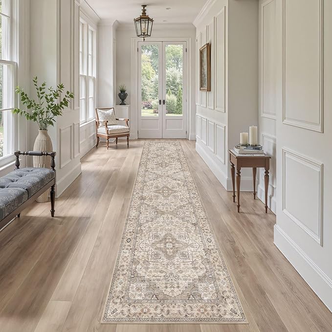 Washable 2.6x12 Runner Rug - Area Rugs Neutral Vintage Distressed Floral Farmhouse Boho Large Soft Floor Rug Indoor Carpet for Hallway Entryway Kitchen Home - Brown/Multi-Ruum Studio Home