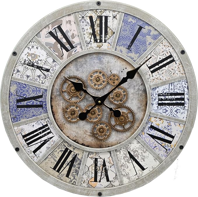 Unique Moving Gear Large Wall Clock 21inch-Battery Powered. Retro Industrial Steampunk Country Farmhouse Decor for The Living Room Kitchen Bars cafes Offices(whith/metal/21)-Ruum Studio Home