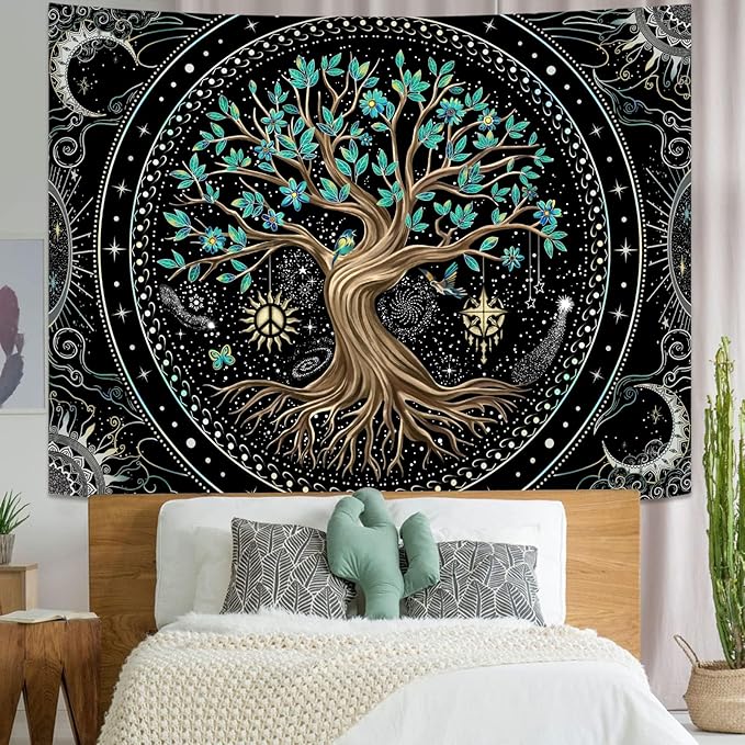 Lunerfex Tree of Life Tapastry Butterfly Moon Tapastry Flower Green Tree Tapestries Mandala Wall Hanging for Bedroom and Living Room Decor 44×60 Inches-Ruum Studio Home