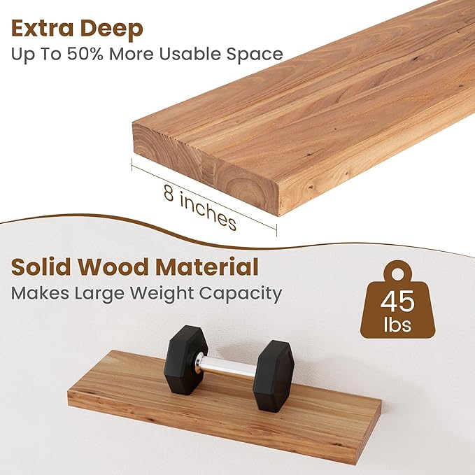 Floating Shelves for Wall Decor, 8" Deep Rustic Solid Elm Wood Floating Shelves Wall Mounted, Wall Shelves with Invisible Bracket for Living Room Bathroom Bedroom Kitchen, 24 Inch Set of 2, Natural-Ruum Studio Home