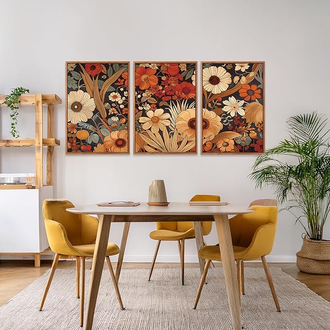 Aurlan Boho Burnt Orange Terracotta Wildflowers Framed Wall Art(24"x36"), 3 PCS Abstract Floral 3D Textured Canvas Artwork, Large Modern Vintage Botanical Nature Art Wall Decor for Home Office Living Room Bedroom-Ruum Studio Home
