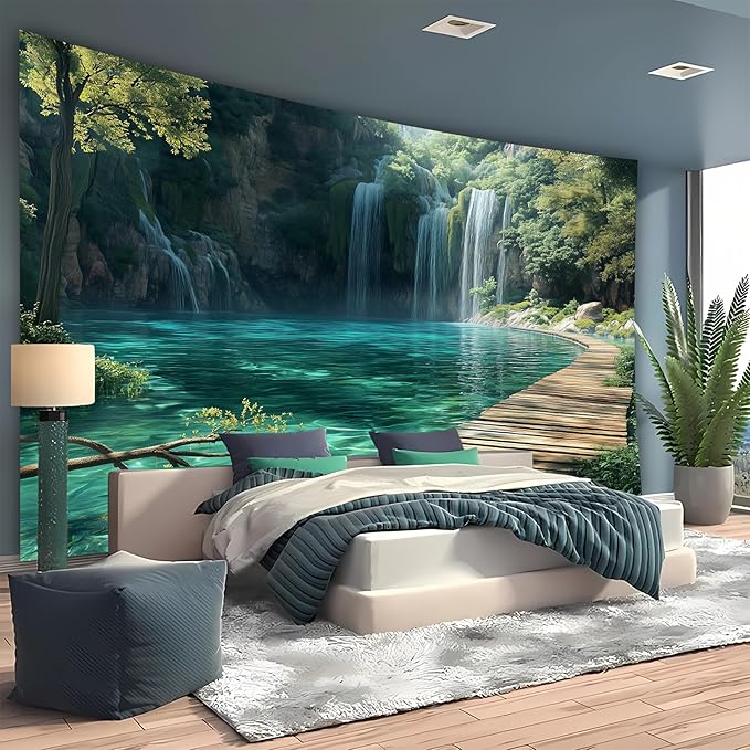 BSFHH Nature Tapestry Forest Tree Sea Cave Wall Hanging, Stream Through Rainforest Landscape Wall Art Tapestry for Bedroom Living room (Waterfall, 79"×59", Unframed)-Ruum Studio Home