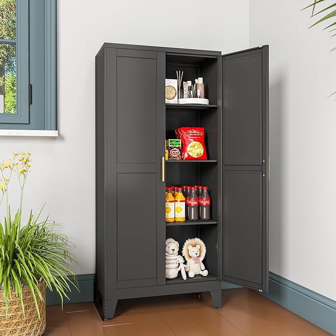 Metal Pantry Cabinet with 2 Doors and Adjustable Shelves, Kitchen Storage cabinets with Gold Handles, Versatile Storage for Laundry Room,Living Room,Bathroom,Dinning Room-Black-Ruum Studio Home
