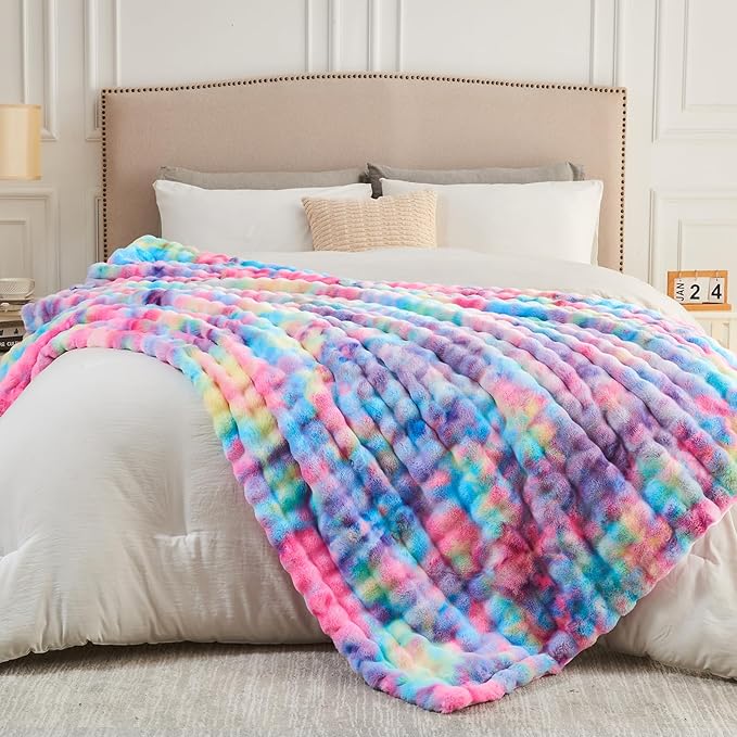 NEWCOSPLAY Faux Fur Throw Blanket Dark Rainbow Luxury Fluffy Thick Warm Bubble Blanket for Couch Sofa Bed 700GSM (Dark Rainbow, Throw(50"x60"))-Ruum Studio Home