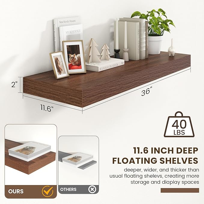 Deep Floating Shelves for Wall | 36 Inch Wide x 12 Inch Deep Floating Shelves | 36W x 12D Rustic Walnut Wide Wall Shelves | Bookshelf Laundry Shelf TV Shelf-Ruum Studio Home