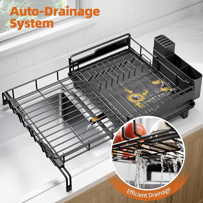 Extendable Dish Drying Rack, Multifunction Dish Rack for Kitchen Counter, Expandable Dish Drainer Over Sink, Large Dish Strainer with Cups Holder, 1 Tier Black-Ruum Studio Home