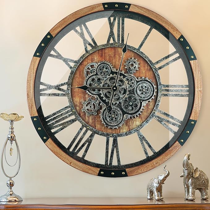 40 Inch Oversized Moving Gear Wall Clock, Large Wall Clock Living Room Decor, Solid Wood Frame, Battery Operated, Steampunk Industrial for Fireplace (Brown)-Ruum Studio Home