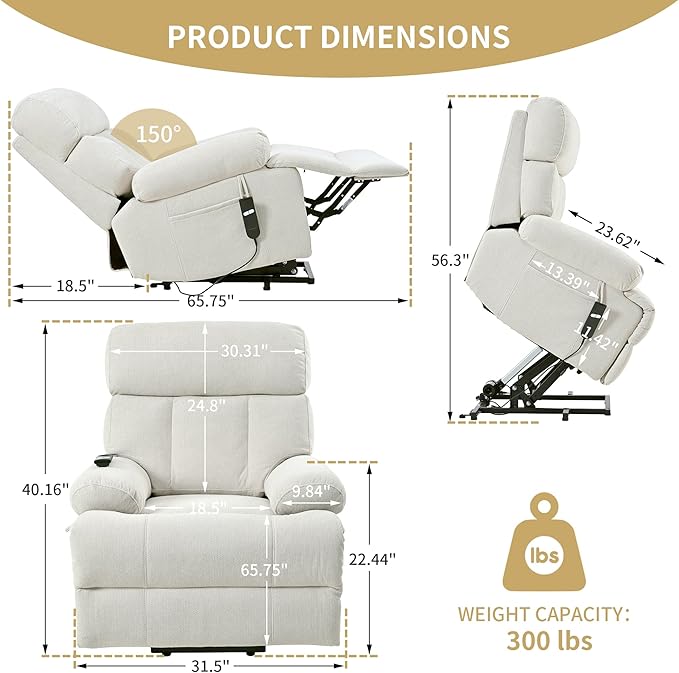Power Lift Chair Recliners for Elderly, Overstuffed Electric Lift Recliner Chair with Widened Footrest Side Packets for Living Room Bedroom-Ruum Studio Home