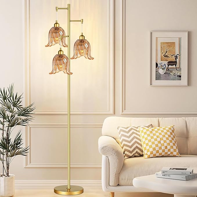 Gold Floor Lamp for Living Room,Bedroom,Tree 3 Light Standing Lamp Mid Century Modern Brass Tall Floor Lamps Vintage Retro Floor Lights Glass Flower Amber Lamp Shade Farmhouse Boho Bohemian-Ruum Studio Home