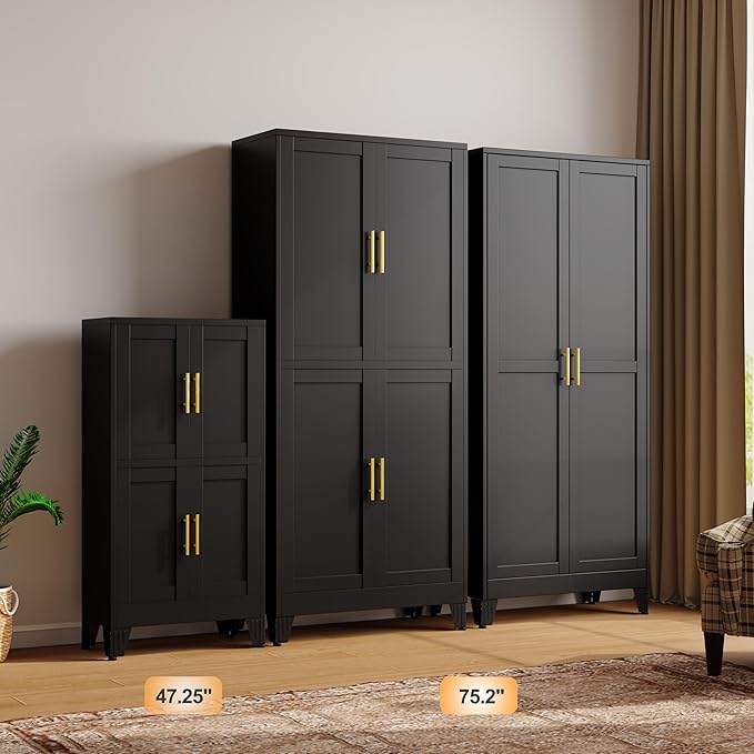 47.25" Metal Storage Cabinet, Black Kitchen Food Storage with 4 Door and 2 Adjustable Shelves, Freestanding Bathroom Cabinet, Pantry for Kitchen Dinning Room, Cupboard-Ruum Studio Home