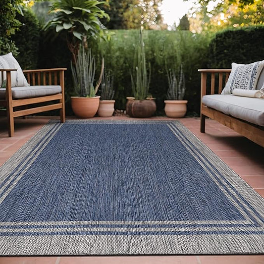 Bordered Outdoor Rug 10x14 Washable Outside Carpet for Indoor Patio Porch Waterproof Easy Cleaning Non Shedding Area Rugs Navy 10 x 14-Ruum Studio Home