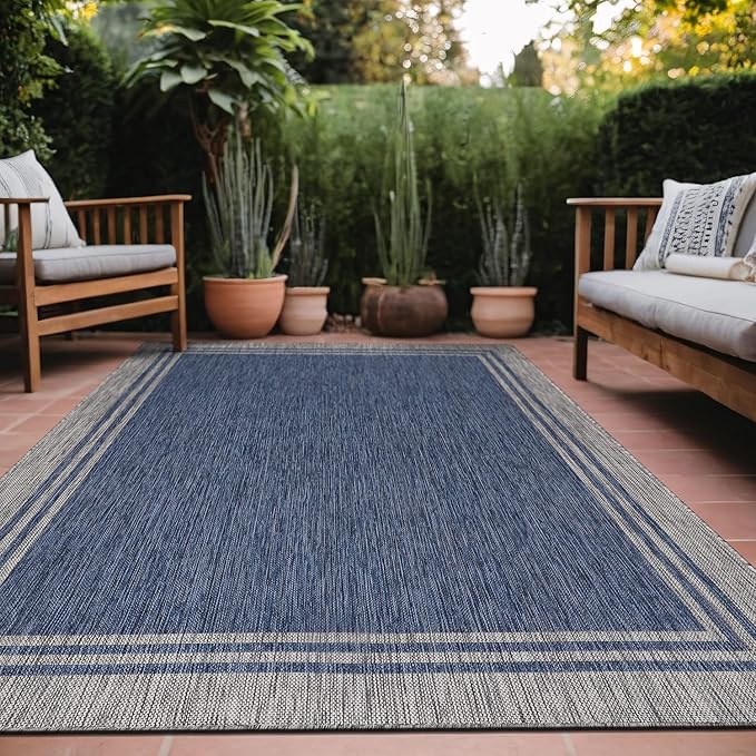 Bordered Outdoor Rug 9x12 Washable Outside Carpet for Indoor Patio Porch Waterproof Easy Cleaning Non Shedding Area Rugs Navy 9 x 12-Ruum Studio Home