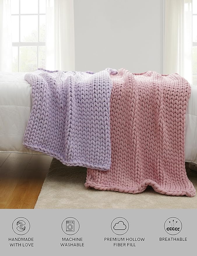 YnM Chunky Throw Blanket, Medium-Weight, Hand Knitted, Skin Friendly, Ventilated and Breathable, Machine Washable, Home Décor Piece for Couch, Sofa and Bed (Iris Lavender, 80x87 Inch)-Ruum Studio Home