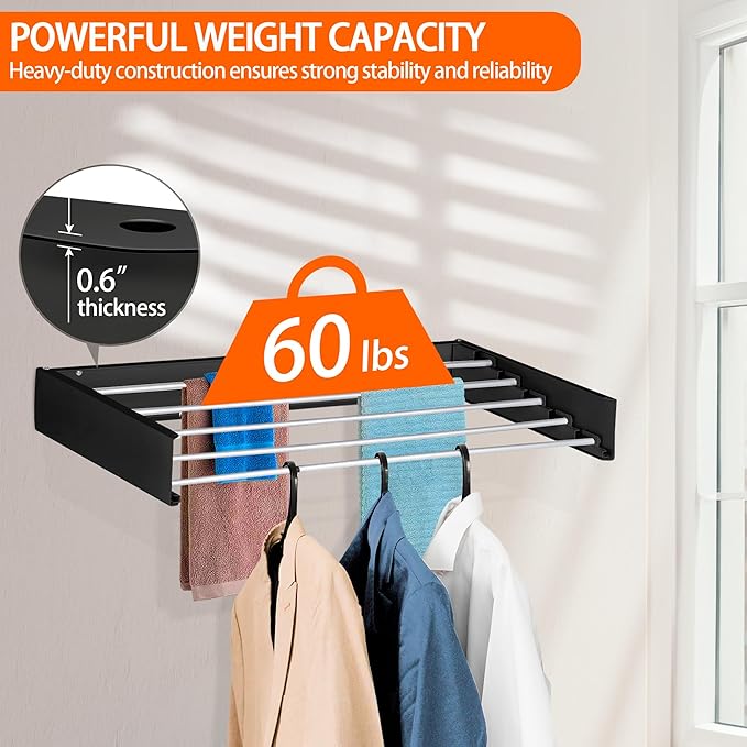 FOCHIER F Laundry Drying Rack Wall Mounted Clothes Drying Rack Collapsible with 5 Aluminum Rods and Drilling Template Long Screwdriver Bit 60 lbs Capacity (Black, 40")-Ruum Studio Home