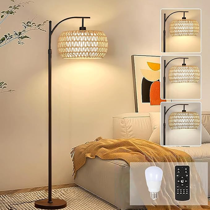 Arc Floor Lamps for Living Room Rattan Boho Floor Lamp with Remote Control,Dimmable LED Floor Lamp Wicker Lamp Shades Black Standing Lamp with 3 Color Temperature Tall Floor Lamps For Bedroom Corner-Ruum Studio Home