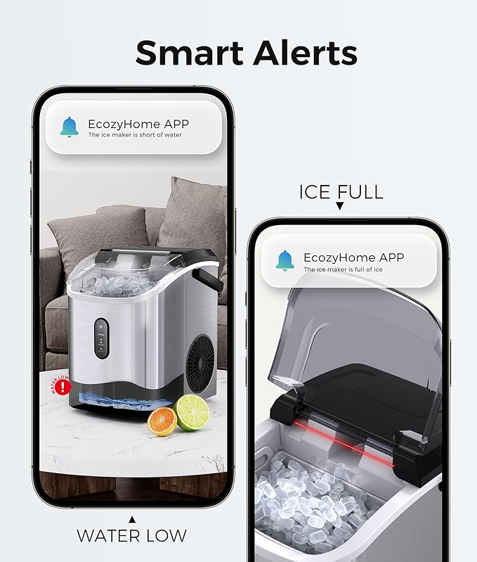 ecozy Smart Nugget Ice Maker Countertop, Portable Pebble Ice Machine with Voice Control, 34lbs/24H Soft Chewable Ice, Self-Cleaning Pellet Ice Maker with APP WiFi for Kitchen Party, Stainless Steel-Ruum Studio Home