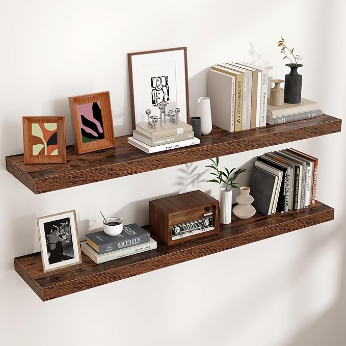 Floating Shelves - 2 Large Wall Mounted Shelves with Invisible Brackets, Long Wood Floating Wall Shelf for Living Room, Bedroom, Kitchen (Brown, 48" W x 9" D x 1.5" H)-Ruum Studio Home