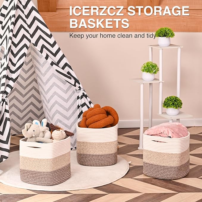 11 Inch Cube Storage Bins, Storage Cube Organizer Bins, Woven Cotton Rope Baskets for Storage, Storage Basket for Organizing Shelves, Square Baskets for Toys, Gradient Brown (Pack of 3)-Ruum Studio Home