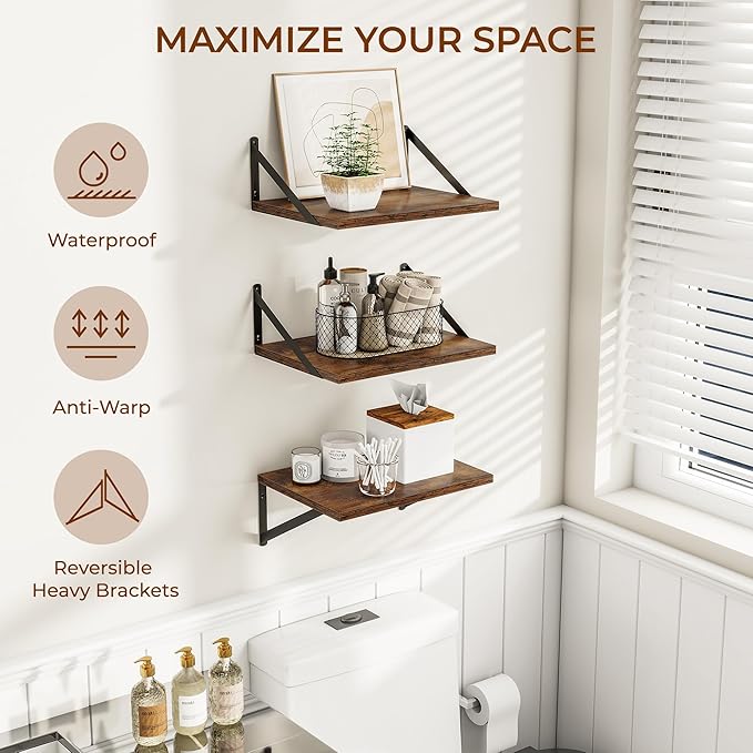 Heimlove Deep Floating Shelves for Wall, 12 Inch Deep Floating Shelves Set of 3, 16W x 12D Wood Wall Shelves, Wide Shelves with Metal Bracket for Living Room, Kitchen, Office, Bedroom - Rustic Brown-Ruum Studio Home