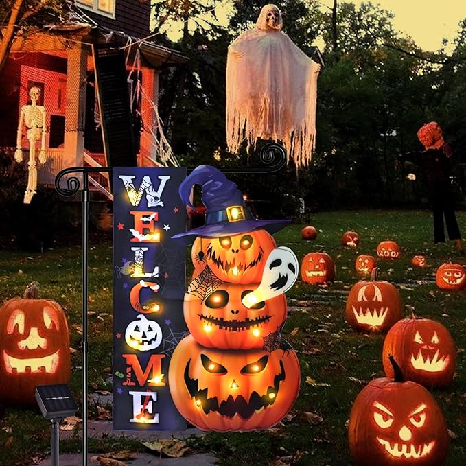 Halloween Lighted Garden Flag, Solar Yard Flag for Outside, 8 Modes Double Sided Welcome Halloween Pumpkin Outdoor Decorations for Home Porch (Pumpkin-12x18)-Ruum Studio Home