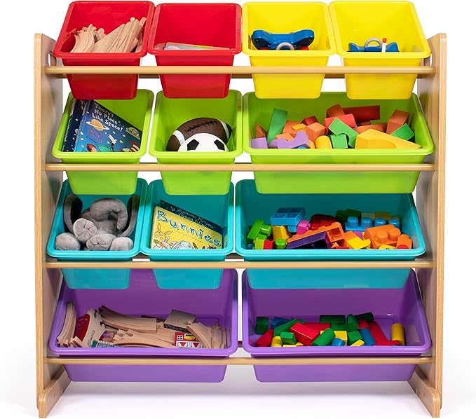 Humble Crew Kids Toy Storage Organizer with 12 Plastic Bins, Natural Wood/Rainbow – Removable Bins for Playroom, Bedroom, Toddler Furniture for Boys and Girls Ages-Ruum Studio Home