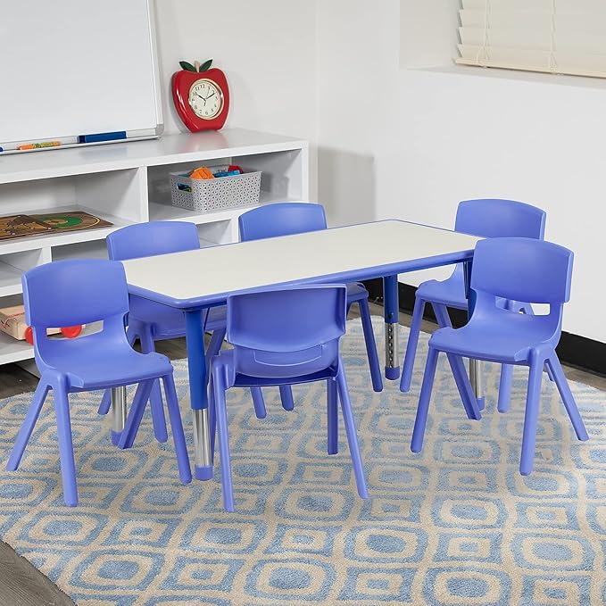 Flash Furniture Emmy Adjustable Classroom Activity Table with 6 Stackable Chairs, Plastic Activity Table for Kids, 23.625" W x 47.25" L, Blue/Gray-Ruum Studio Home