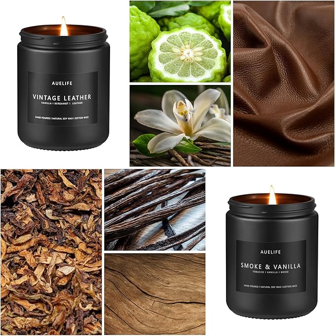 2 Pack Men Candles | Smoke & Vanilla + Vintage Leather - Scented Candles for Men - Masculines Candle - Soy Candle for Home Scented, Man Gifts, Black Jar - 7oz-Ruum Studio Home