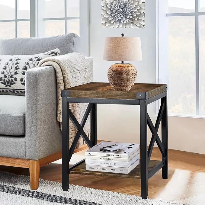 End Table Large Side Table for Living Room, Rustic Farmhouse End Tables with 2-Tier Storage, Square Nightstand Bedside Table X-Design Metal Frame, Brown (Wind, Brown)-Ruum Studio Home