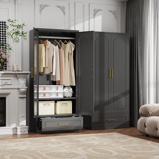 71" Metal Armoire Wardrobe Closet with 2 Doors and Drawer, Tall Wardrobe Cabinet with Hanging Rod and Adjustable Shelves, Black Clothing Storage Cabinets for Bedroom, Home Office-Ruum Studio Home