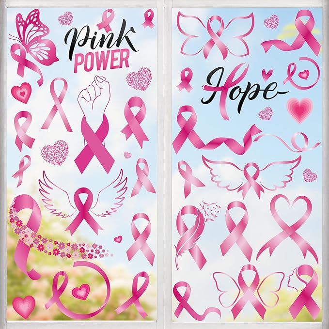 9 Sheets Breast Cancer Awareness Window Clings, 77 Kinds of Pink Window PVC Stickers for Pink Ribbon Decorations, Hope Fight Cancer Theme Windows Decals for Glass Home Decor Supplies-Ruum Studio Home