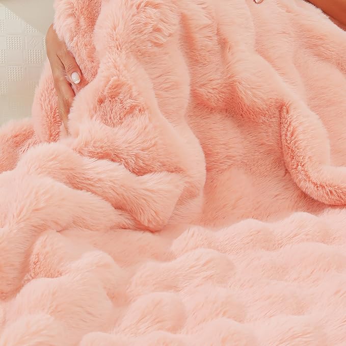 RYNGHIPY Faux Fur Blanket for Couch Fluffy Warm Throw Blanket for Sofa Bed Soft Plush Thick Bubble Blanket (Blush, 63''x79'')-Ruum Studio Home