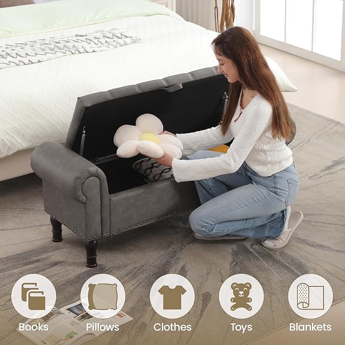 Storage Bench for Bedroom, 51" Full Queen Storage Bench, Upholstered Bedroom Bench with Rolled Arms and Vintage Rivets for Living Room, Storage Room, Entryway, Gray-Ruum Studio Home