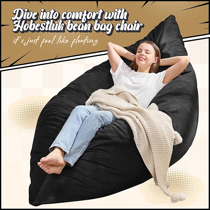 Hobestluk 3 in 1 Bean Bag Chair Giant Bean Bag Chairs for Adults with Velvet Cover Convertible Bean Bag Floor Cushion with Machine Washable Cover for Living Room (Velvet Black)-Ruum Studio Home
