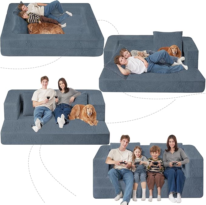Folding Bean Bag Chair for Adults,3-in-1 Bean Bag Couch Faux Fur Floor Sofa Large Beanbag Convertible Bean Bag Sofa Bed with Pillow in Bedroom,Living Room,Apartment(Queen,Gray)-Ruum Studio Home