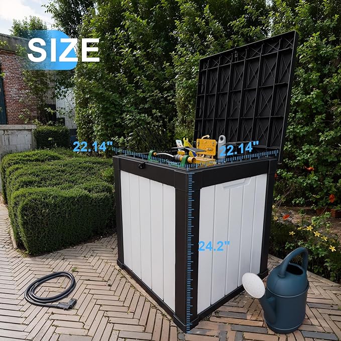 50-Gallon Outdoor Deck Box,Storage Lockable Waterproof Patio Furniture,Garden Tools,Cushions,Pool Accessories Outside Storage Resin Box(Black and White)-Ruum Studio Home