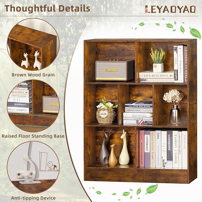 LEYAOYAO 7 Cube Bookshelf with Wood Base, Brown 3 Tier Mid-Century Modern Bookcase,Standing Wide Bookshelves Storage Organizer Shelf,Rustic Display Cabinet Book Shelves for Bedroom,Living Room,Office-Ruum Studio Home